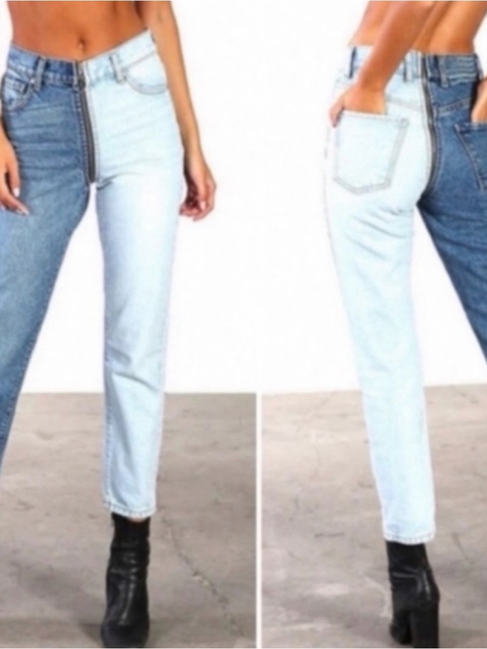Revise High-Rise Two-Tone Light & Medium Blue Skinny Jeans wrap around zipper